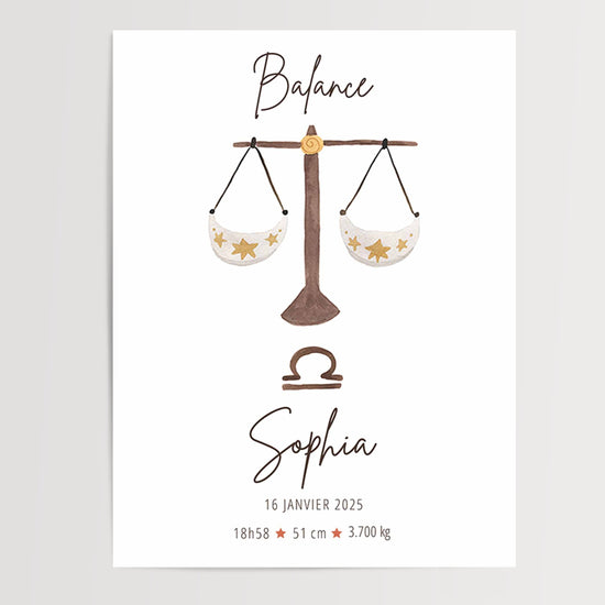 Póster del signo Libra personalizado con detalles dorados para decoración de habitación infantil y de bebé