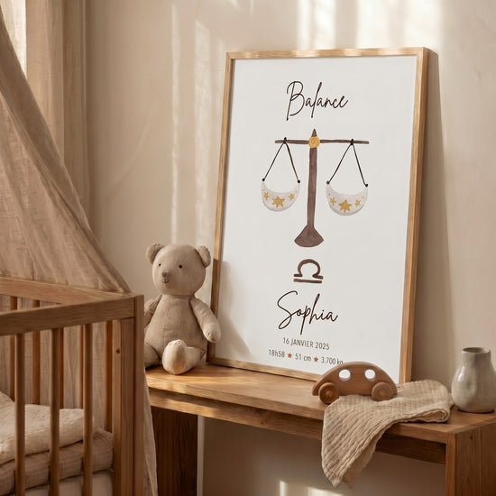 Póster del signo zodiacal Libra personalizado con detalles dorados para decoración de habitación infantil a medida