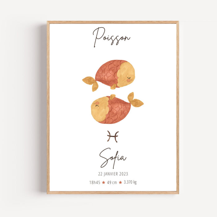 Poster personnalisé bébé horoscope Poisson prénom naissance chambre enfant décoration murale douce