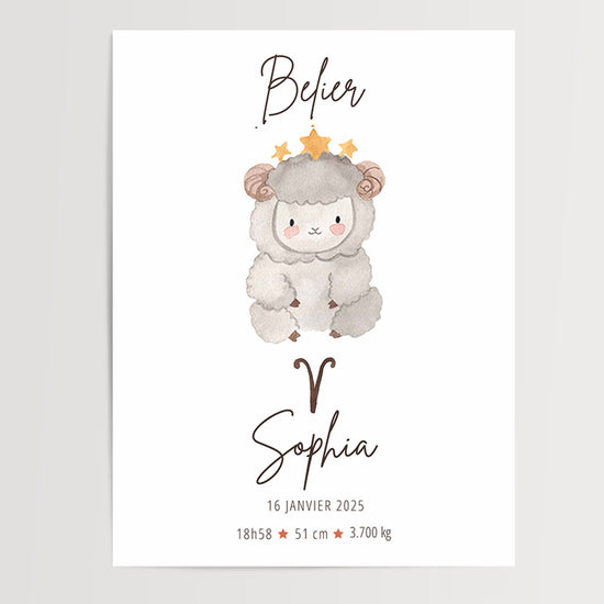 Personalisiertes Aquarellbild Sternzeichen Widder mit Name & Datum – Deko fürs Kinder- und Babyzimmer