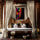 Framed colorful Buddha poster hanging in a cozy Asian-inspired bedroom with a carved wood canopy bed