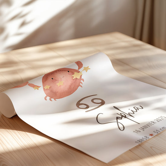 Poster personnalisé Cancer crabe minimaliste étoiles cadeau naissance chambre bébé prénom date