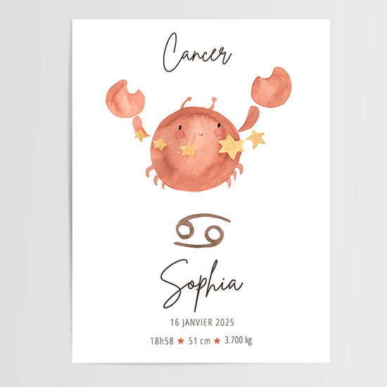 Custom Cancer minimalist crab poster for nursery decor with baby’s name and birth date