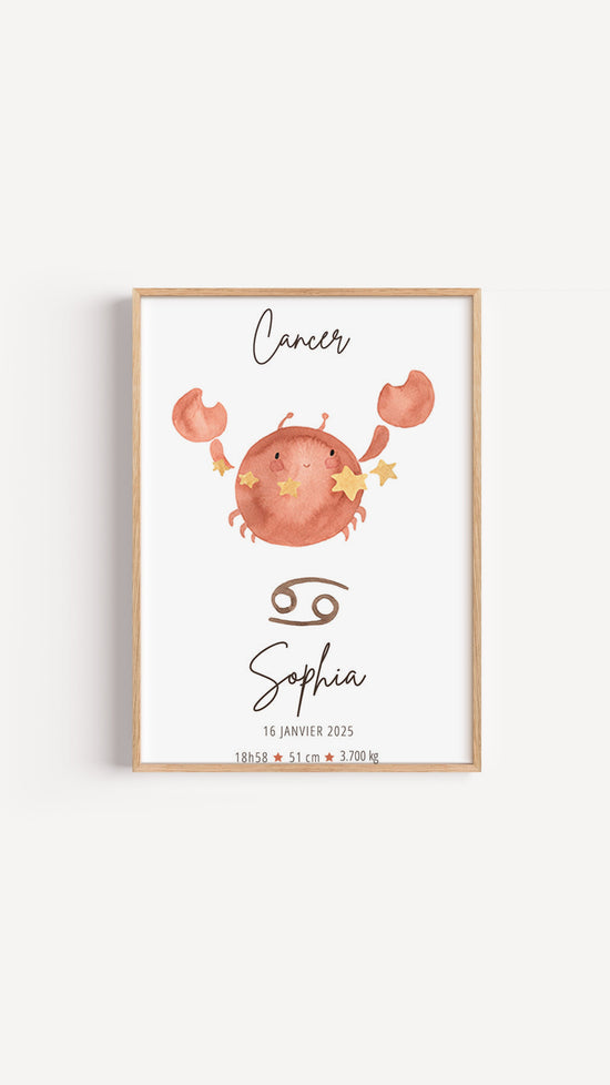 Póster minimalista de cangrejo en acuarela, signo zodiacal Cáncer, para habitación del bebé