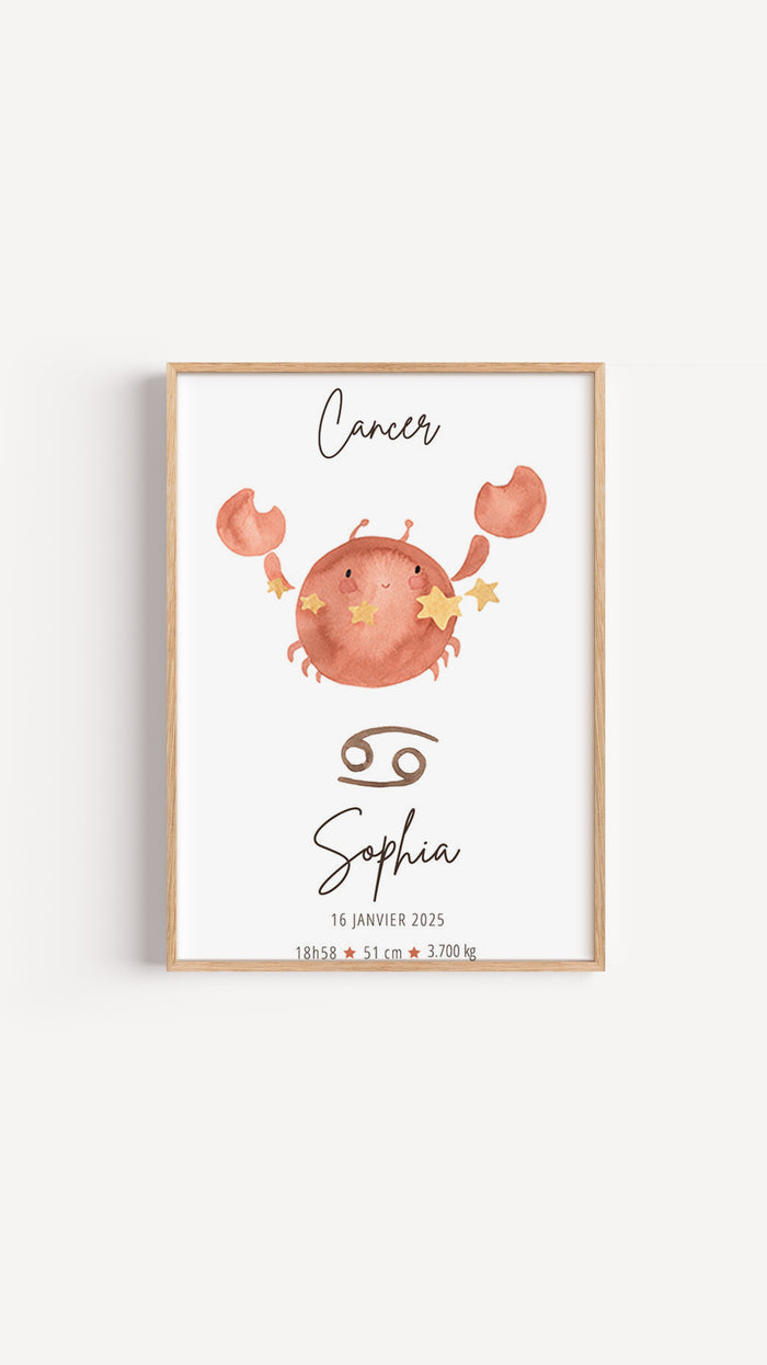 Póster minimalista de cangrejo en acuarela, signo zodiacal Cáncer, para habitación del bebé
