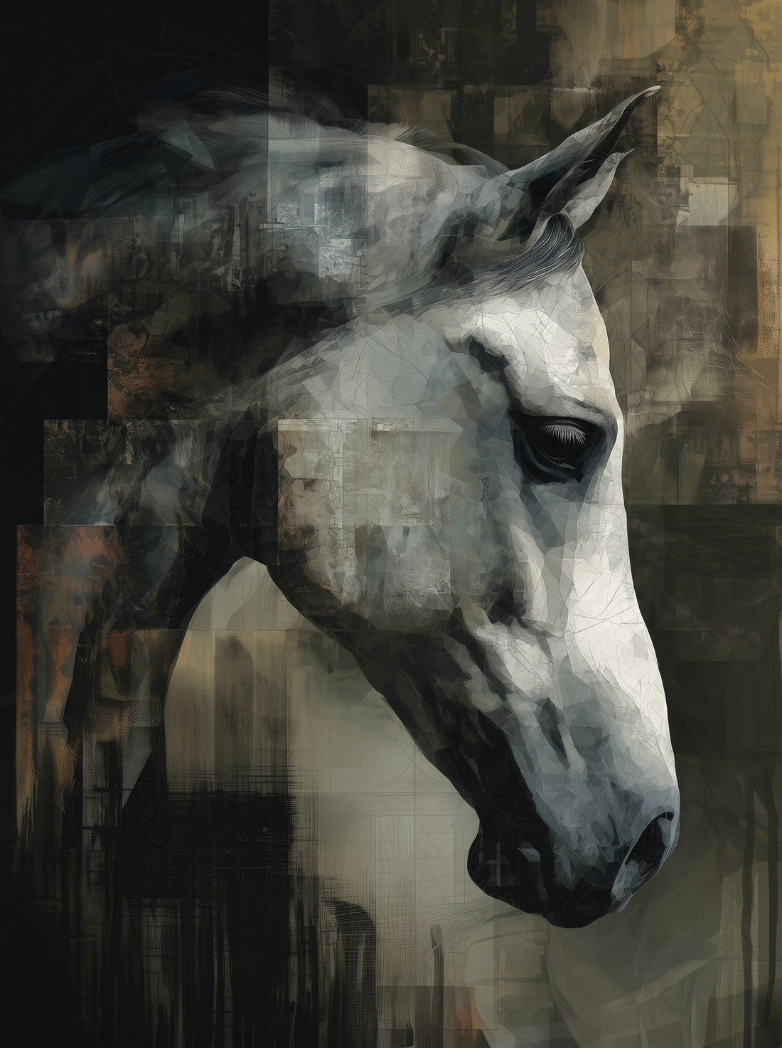 Poster & affiche Cheval blanc - Profil majestueux en clair-obscur