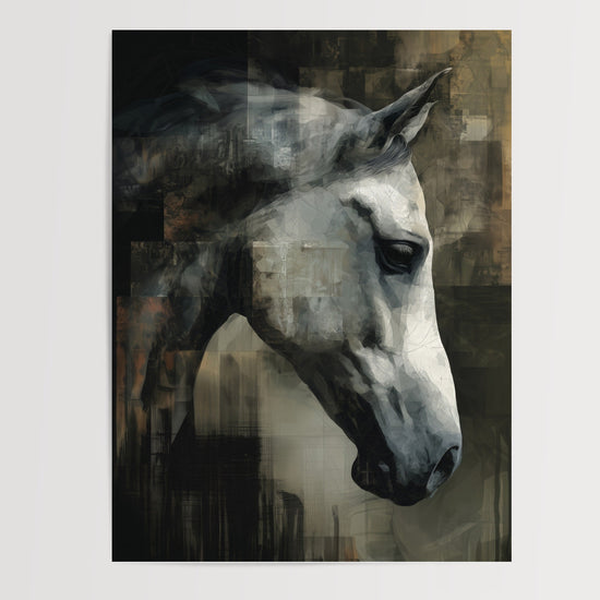 Poster & affiche cheval blanc portrait artistique texturé tons gris beige pour décoration murale élégante