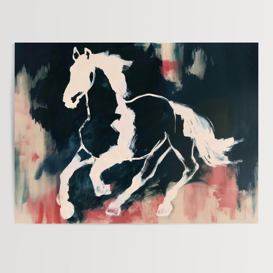 Poster & affiche cheval en mouvement peinture abstraite blanc noir bleu rose décoration murale moderne