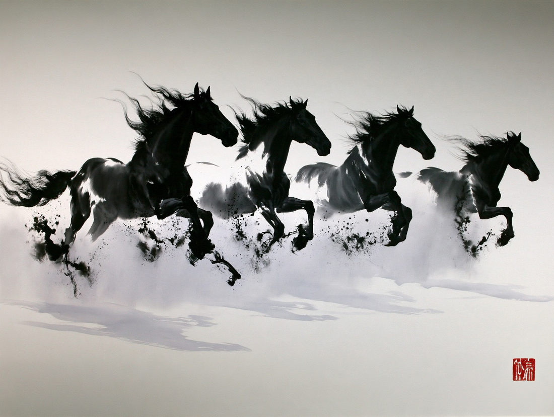 Poster & affiche Chevaux au galop - Encre de Chine et mouvement capturé