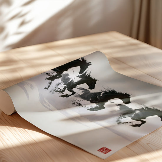 Poster & affiche chevaux au galop noir et blanc style aquarelle chinoise encre roulé