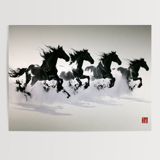 Poster & affiche chevaux au galop noir et blanc encre de Chine pour décoration murale salon moderne