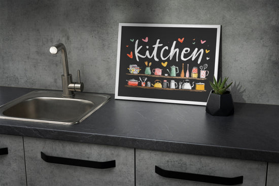 Kitchen wall art poster with colorful utensils on a modern countertop