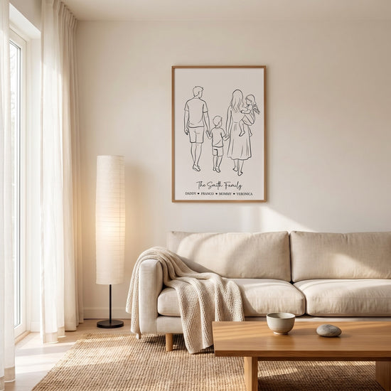 Modern living room decor — custom family line art poster