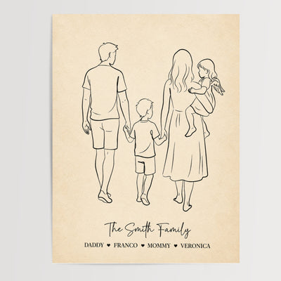 Poster famille personnalisé dessin au trait minimaliste avec prénoms et cœurs affiche décorative murale