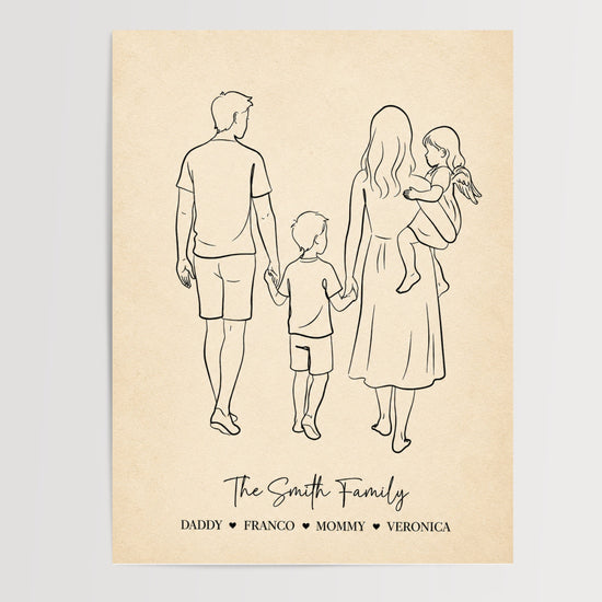 Before-and-after of the custom family portrait poster: the family photo from behind becomes an elegant line art drawing with the family name