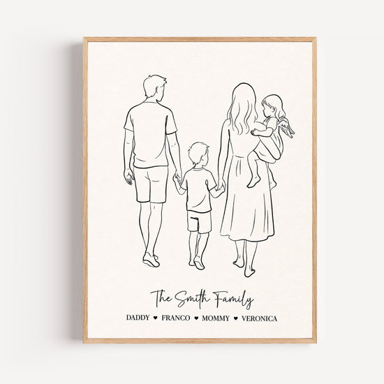 Custom family name print — minimalist line art with names and hearts, wall art poster
