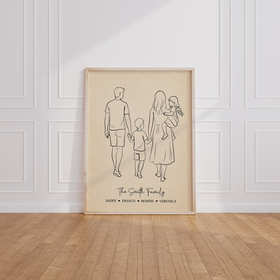 Close-up of thick matte paper on the personalized family poster: delicate black line, paper grain, and light oak frame corner