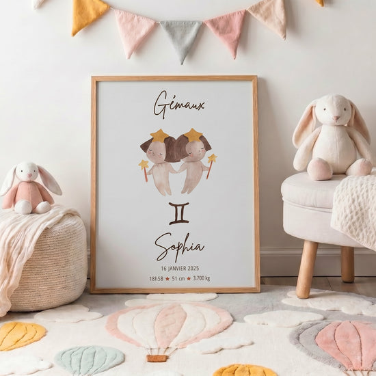 Personalized Gemini watercolor birth poster for baby nursery wall decor