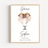 Affiche Gémeaux aquarelle personnalisée bébé jumeaux baguettes étoilées décoration chambre enfant