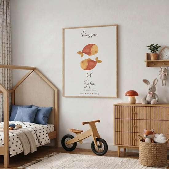 Affiche horoscope Poissons personnalisée prénom poids taille naissance décor chambre bébé