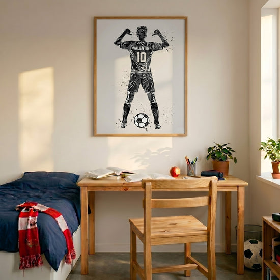 Personalized black and white soccer player poster print for boys’ bedroom decor
