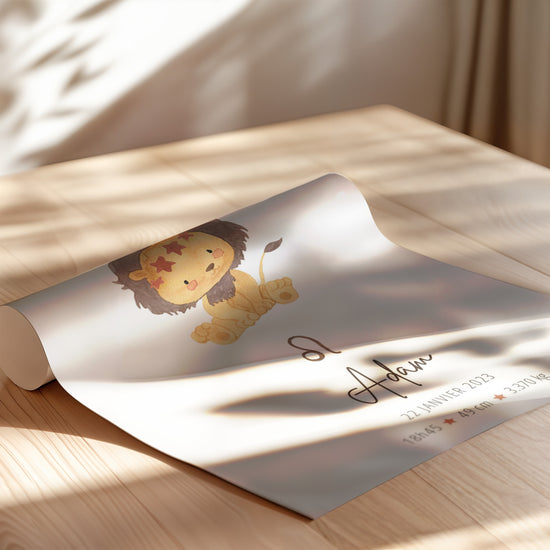 Personalized Leo zodiac baby poster for Adam with stars and birth stats — rolled poster print