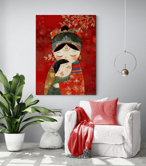 living area featuring a comfortable white chair, red cushion and throw, modern side table, large green plant, and mother-child art piece.