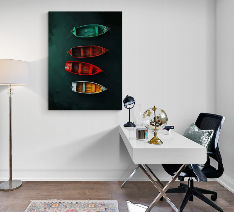 salle de travail, bureau blanc, chaise sur roulettes, coussin vert, objets décoratifs, lampe sur pied, poster barques colorés.