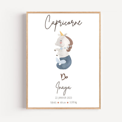 Unicorn illustration with stars around its neck; 'Capricorn' title above, name Inaya and birth stats (date, time, length, weight) below; Capricorn zodiac nursery art