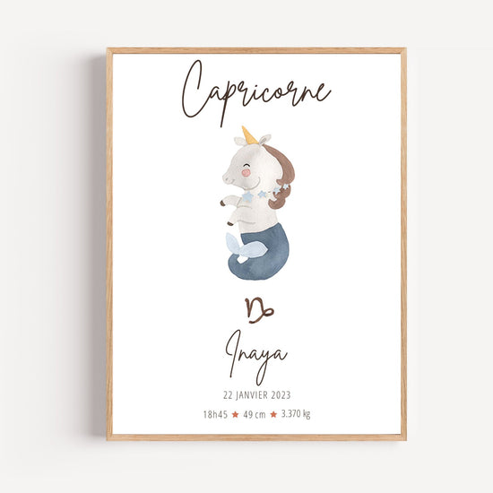 Affiche naissance Capricorne personnalisée licorne étoilée prénom Inaya décoration chambre bébé