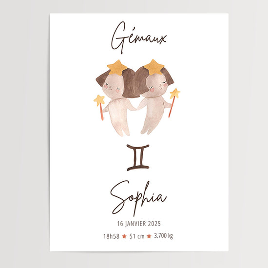 Personalized Gemini birth print in watercolor with baby name and date – modern nursery decor