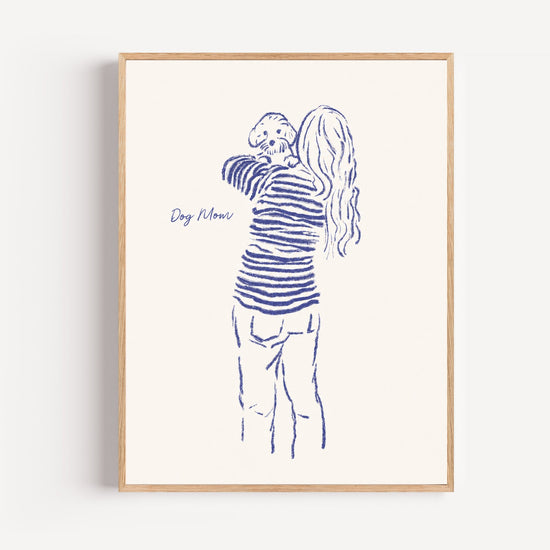 Personalized Dog Mom poster — minimalist blue art of woman holding her dog