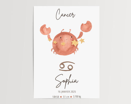 Póster de cangrejo en acuarela, signo Cáncer, para salón de estilo industrial