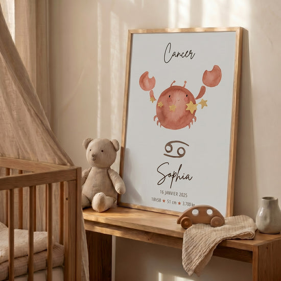 Affiche personnalisée Cancer crabe minimaliste prénom naissance chambre bébé décor moderne