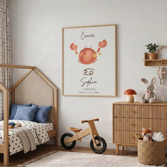Poster personnalisé Cancer prénom naissance crabe étoiles pour décoration chambre bébé sur-mesure