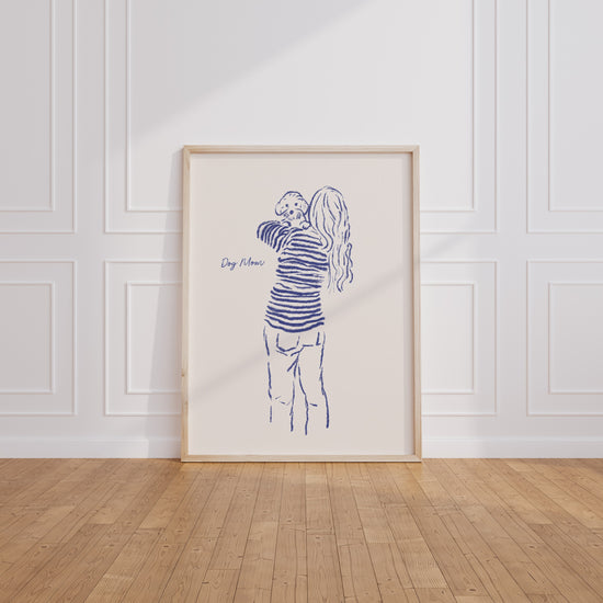 Custom Dog Mom poster in blue — minimalist woman with dog for modern living room