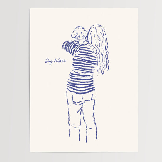 Personalized Dog Mom decorative poster — minimalist blue woman and dog print