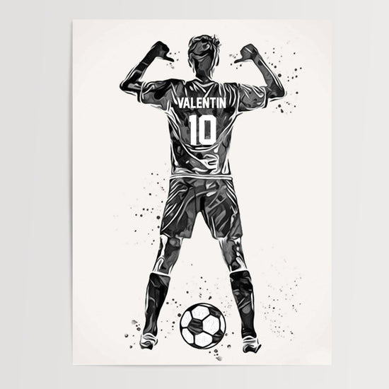 Custom black and white soccer poster with child’s name and jersey number for kids bedroom