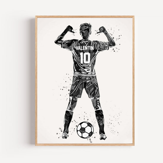 Personalized black and white soccer player poster with custom name and jersey number – kids room decor