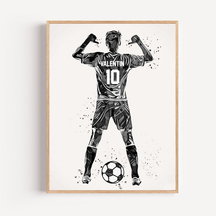Personalized black and white soccer player poster with custom name and jersey number – kids room decor