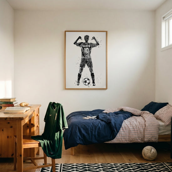 Personalized black and white soccer player poster – sports-themed kids bedroom decor