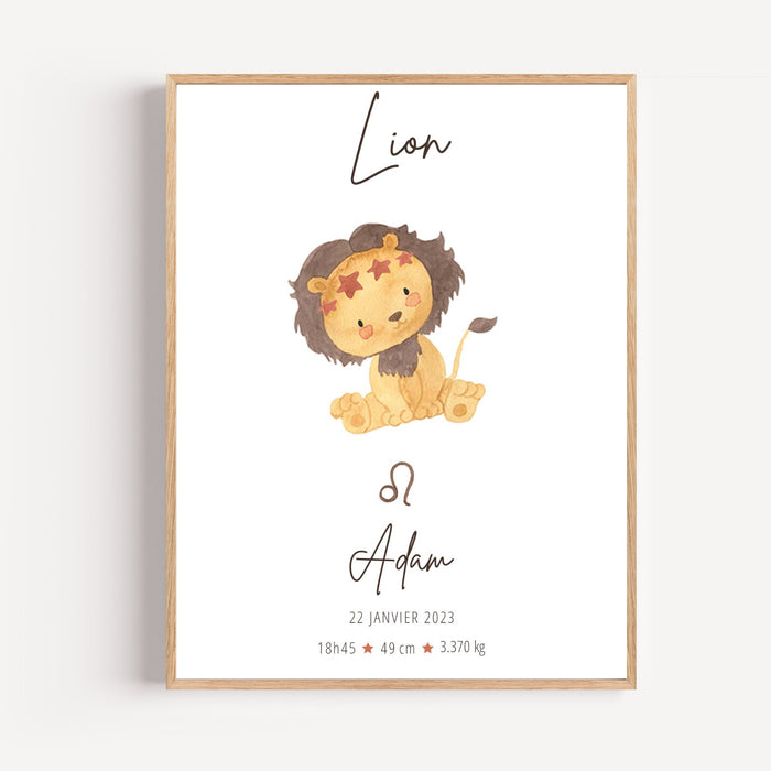 Personalized Leo zodiac birth poster with name Adam and newborn stats — nursery wall art