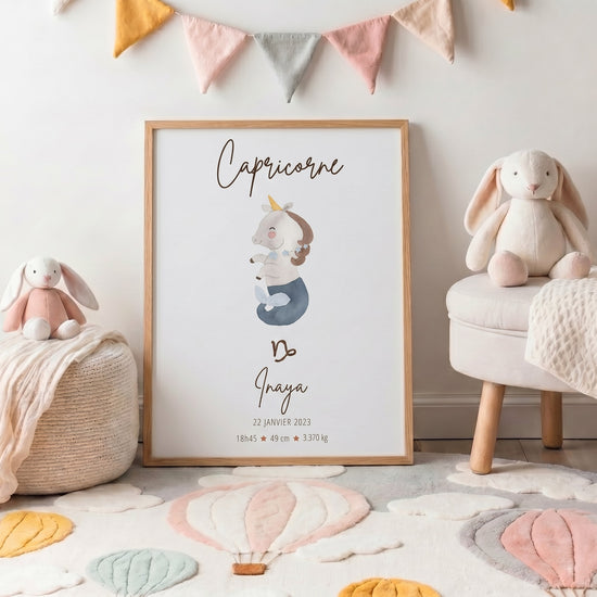 Affiche personnalisée naissance Capricorne avec prénom Inaya décoration chambre bébé sur-mesure
