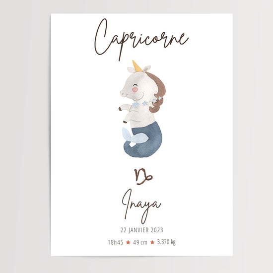 Affiche personnalisée naissance Capricorne avec prénom et données bébé, décoration chambre enfant