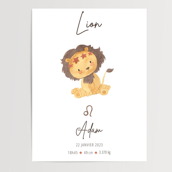 Personalized watercolor Leo birth print with name Adam and baby stats — nursery wall art