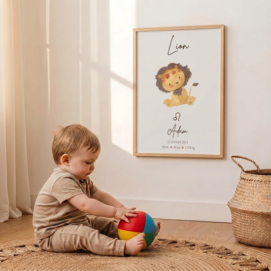 Custom birth poster — Leo zodiac sign with baby name Adam and newborn stats — nursery decor