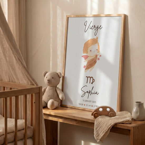 Affiche personnalisée signe Vierge ange étoiles roses pour décoration chambre bébé style aquarelle