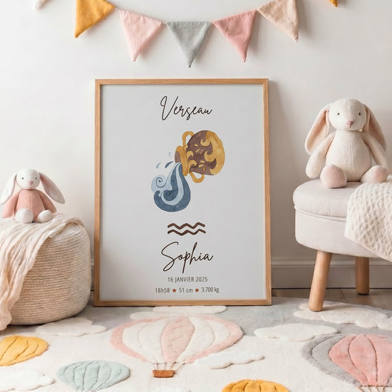 Personalized Aquarius print with gold amphora and blue water, baby name and birth details for nursery decor