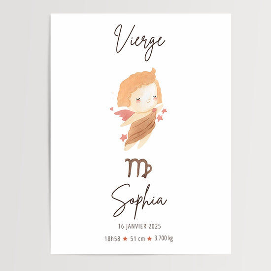 Poster personnalisé Vierge ange étoiles roses pour décoration chambre bébé style aquarelle