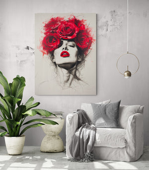 living room, comfy armchair, side table, large green plant, lady flower painting, bright room.